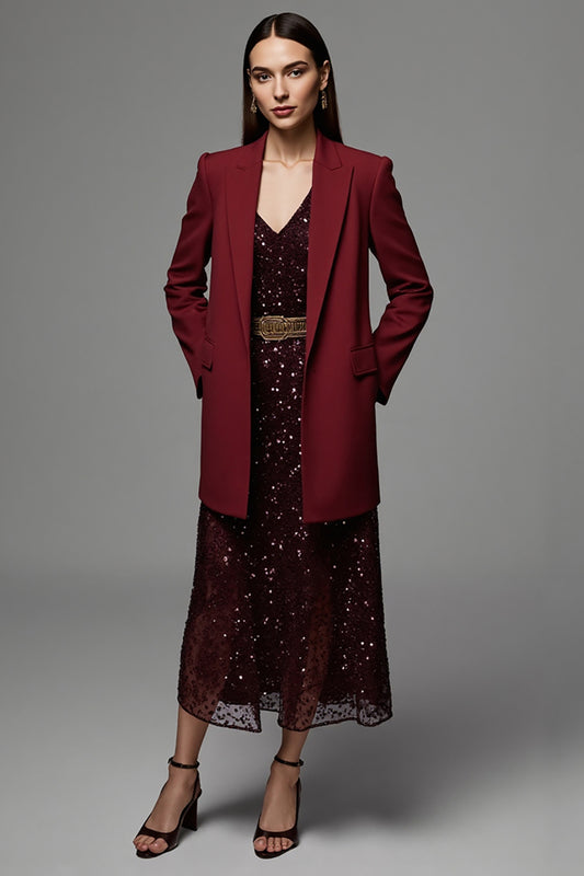 Burgundy Peak Lapel Long Sleeves Satin Women Work Blazer with Pockets