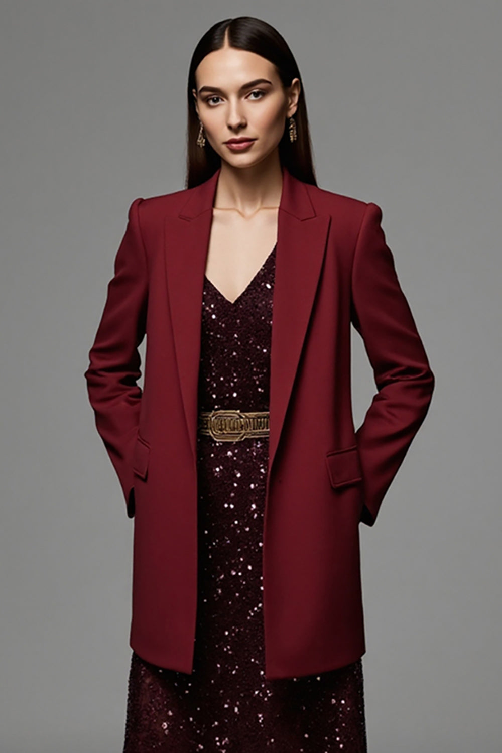 Burgundy Peak Lapel Long Sleeves Satin Women Work Blazer with Pockets