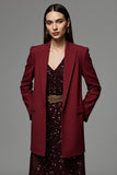Burgundy Peak Lapel Long Sleeves Satin Women Work Blazer with Pockets