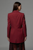 Burgundy Peak Lapel Long Sleeves Satin Women Work Blazer with Pockets