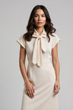 Apricot Pencil Short Sleeves Midi Work Dress with Bow