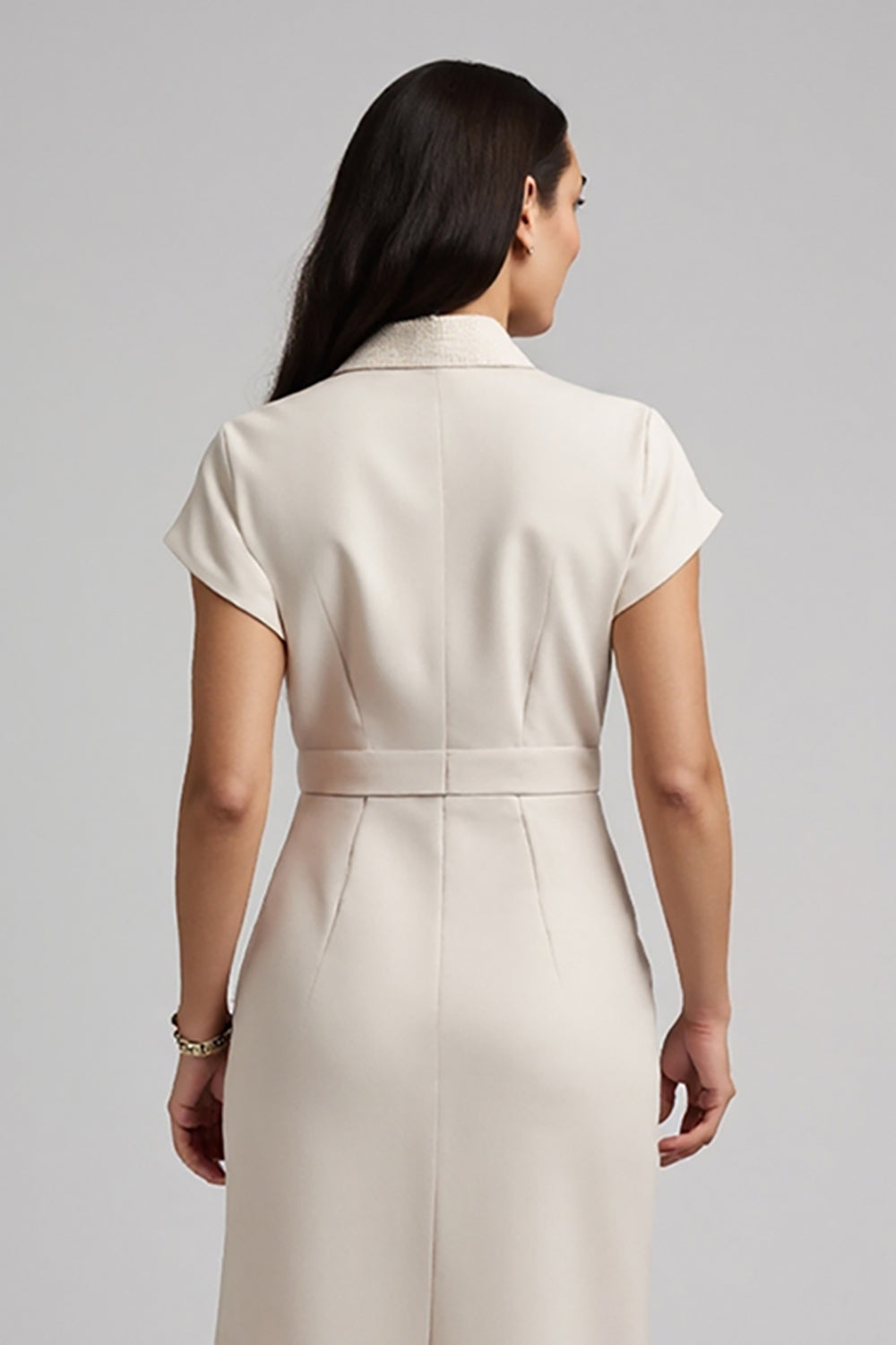 Apricot Pencil Short Sleeves Midi Work Dress with Bow