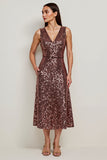 Sparkly Coffee Sequin V-Neck Long Holiday Party Dress