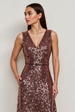 Sparkly Coffee Sequin V-Neck Long Holiday Party Dress