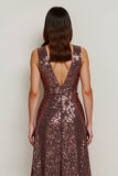 Sparkly Coffee Sequin V-Neck Long Holiday Party Dress