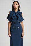 Dark Blue Pencil Short Sleeves Maxi Work Dress with Bow