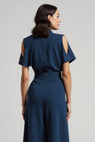 Dark Blue Pencil Short Sleeves Maxi Work Dress with Bow