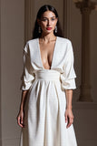 White A Line V-Neck Maxi Work Dress with Sleeves
