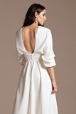 White A Line V-Neck Maxi Work Dress with Sleeves