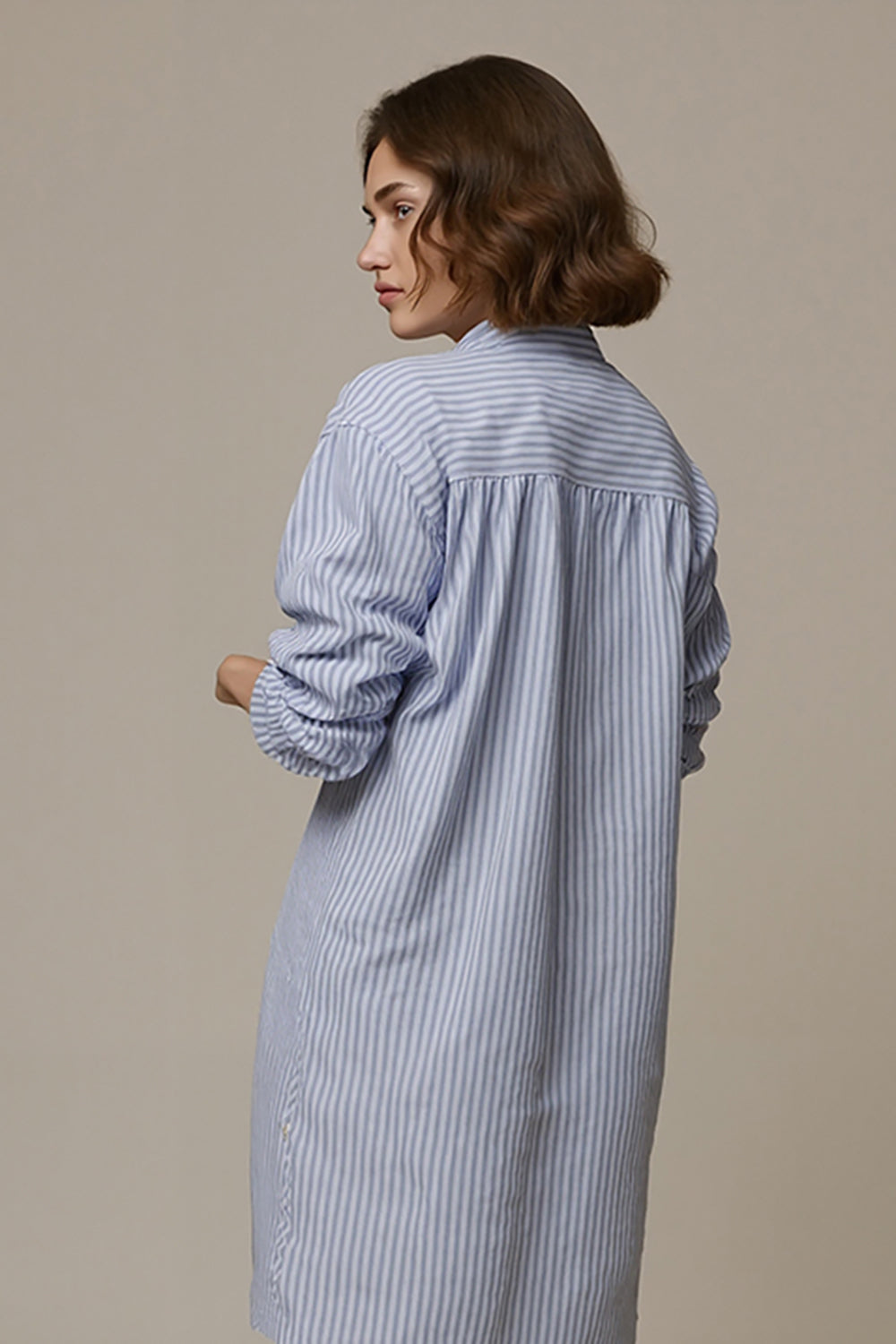 Blue Striped Long Sleeves Collar Neck Women Shirt
