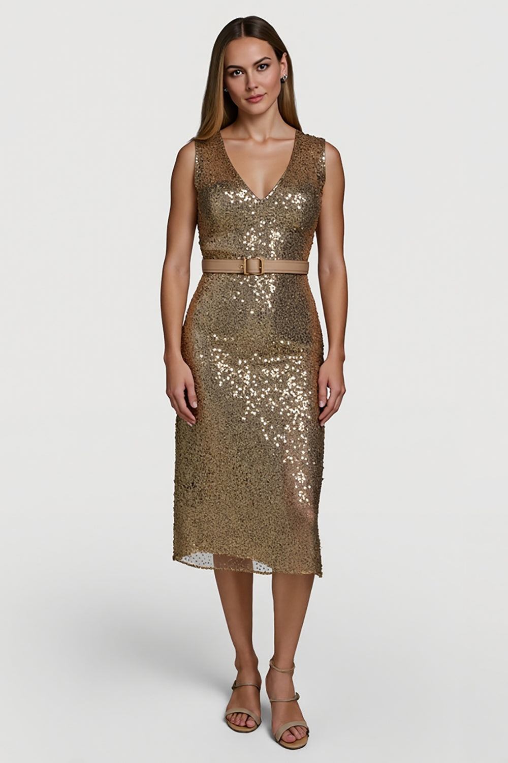 Sparkly Golden Sequin V-Neck Midi Cocktail Dress with Belt