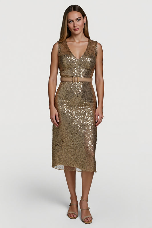 Sparkly Golden Sequin V-Neck Midi Cocktail Dress with Belt