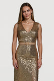 Sparkly Golden Sequin V-Neck Midi Cocktail Dress with Belt