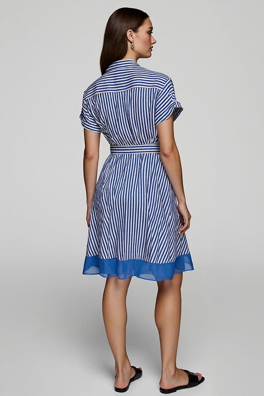 Blue Striped Short Sleeves A Line Shirt Dress with Sash