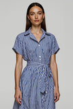 Blue Striped Short Sleeves A Line Shirt Dress with Sash