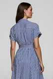 Blue Striped Short Sleeves A Line Shirt Dress with Sash