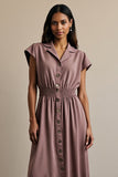 Grey Purple A Line Notched Lapel Maxi Work Dress with Sleeves