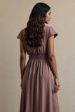 Grey Purple A Line Notched Lapel Maxi Work Dress with Sleeves