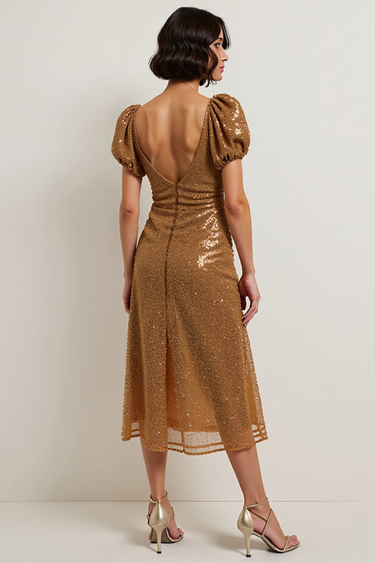 Sparkly Brown Sequin Puff Sleeves Midi Holiday Party Dress