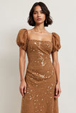 Sparkly Brown Sequin Puff Sleeves Midi Holiday Party Dress