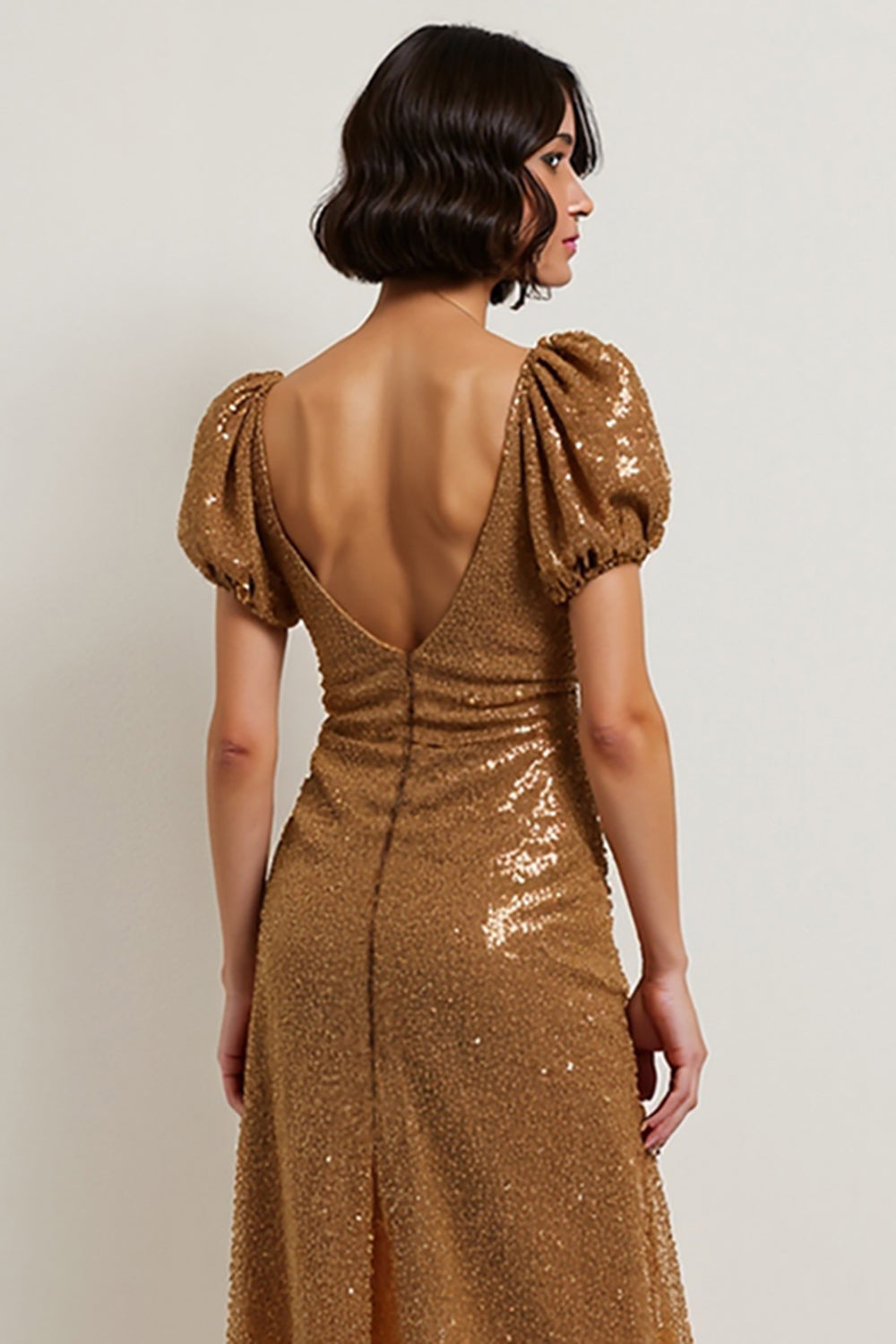 Sparkly Brown Sequin Puff Sleeves Midi Holiday Party Dress