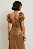 Sparkly Brown Sequin Puff Sleeves Midi Holiday Party Dress