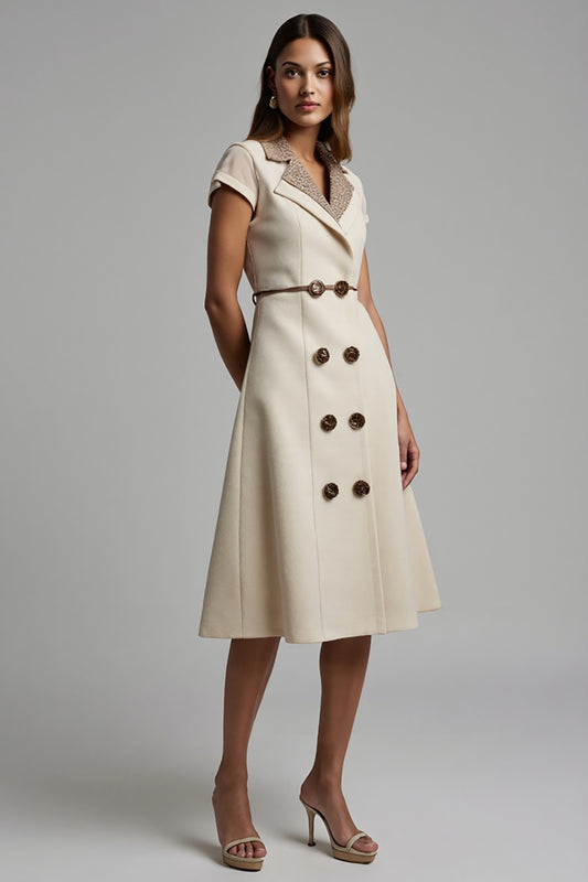 Apricot A Line Notched Lapel Leopard Midi Blazer Dress with String