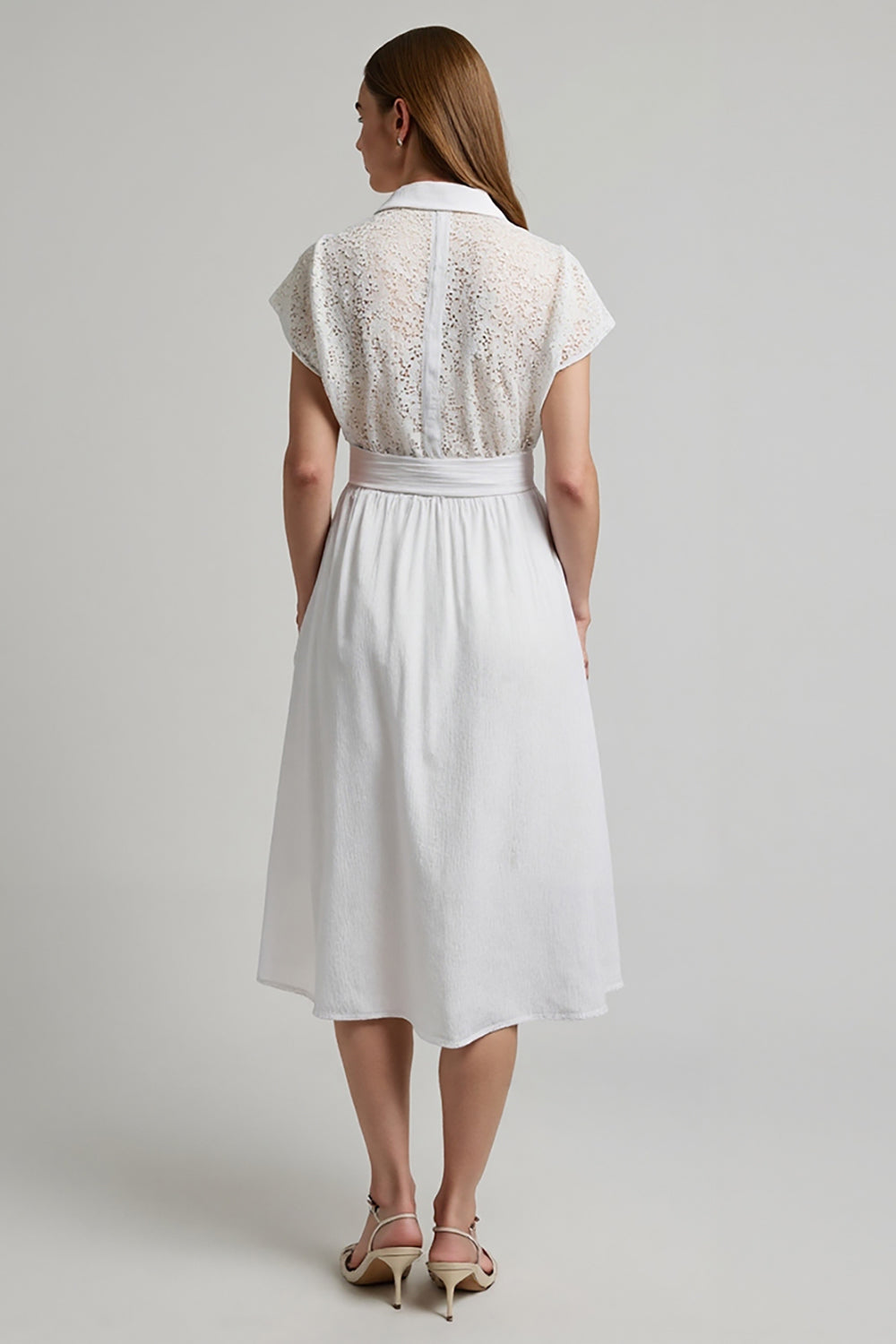 White 2 Piece A Line Midi Work Blouse and Skirt with Sleeves