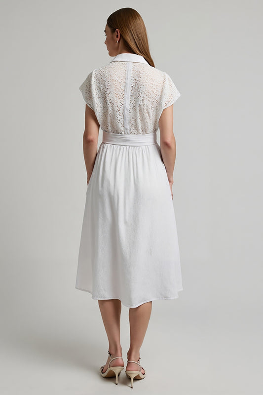 White 2 Piece A Line Midi Work Blouse and Skirt with Sleeves
