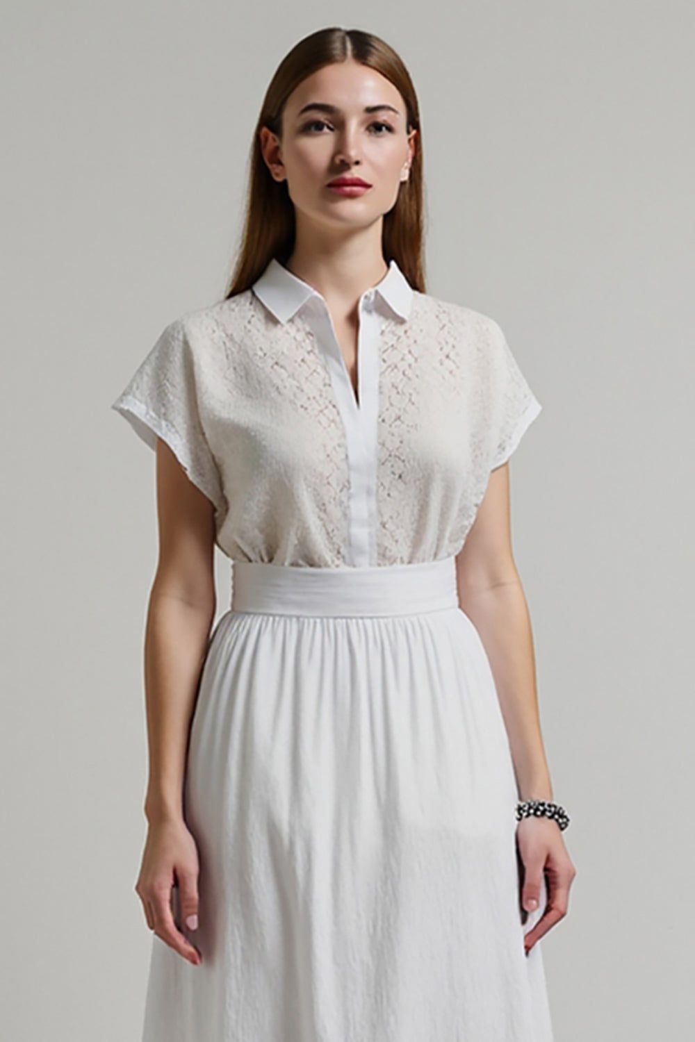 White 2 Piece A Line Midi Work Blouse and Skirt with Sleeves