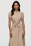 Khaki Short Sleeves Ruched Maxi Work Dress with Sash