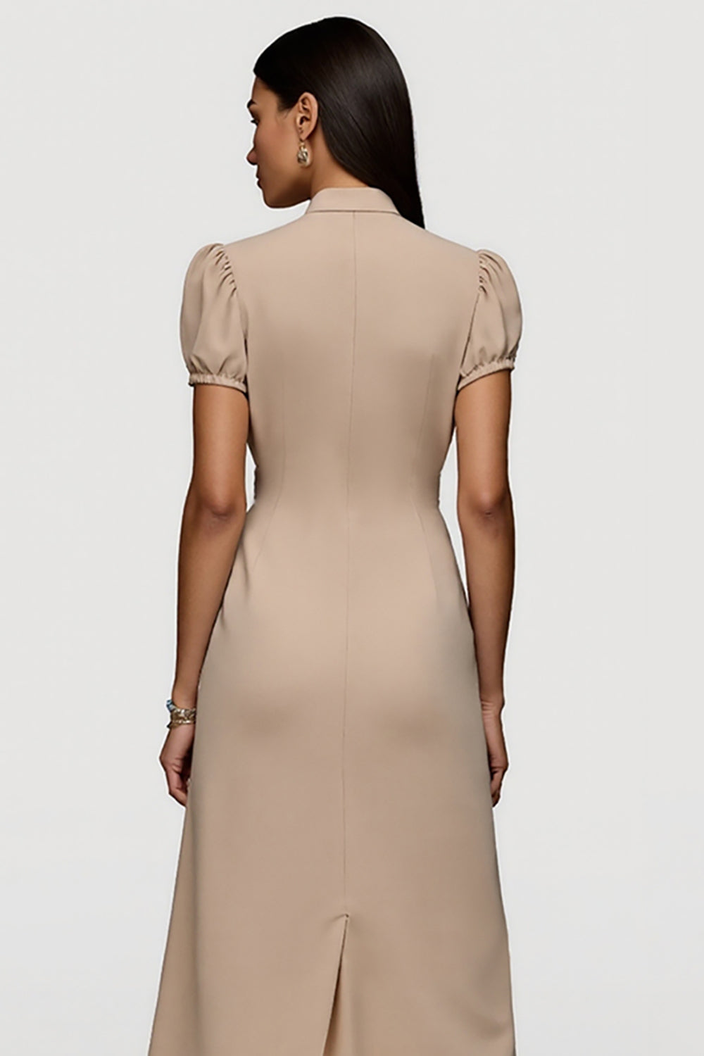 Khaki Short Sleeves Ruched Maxi Work Dress with Sash