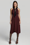 Burgundy Halter A Line Midi Work Dress with Sash