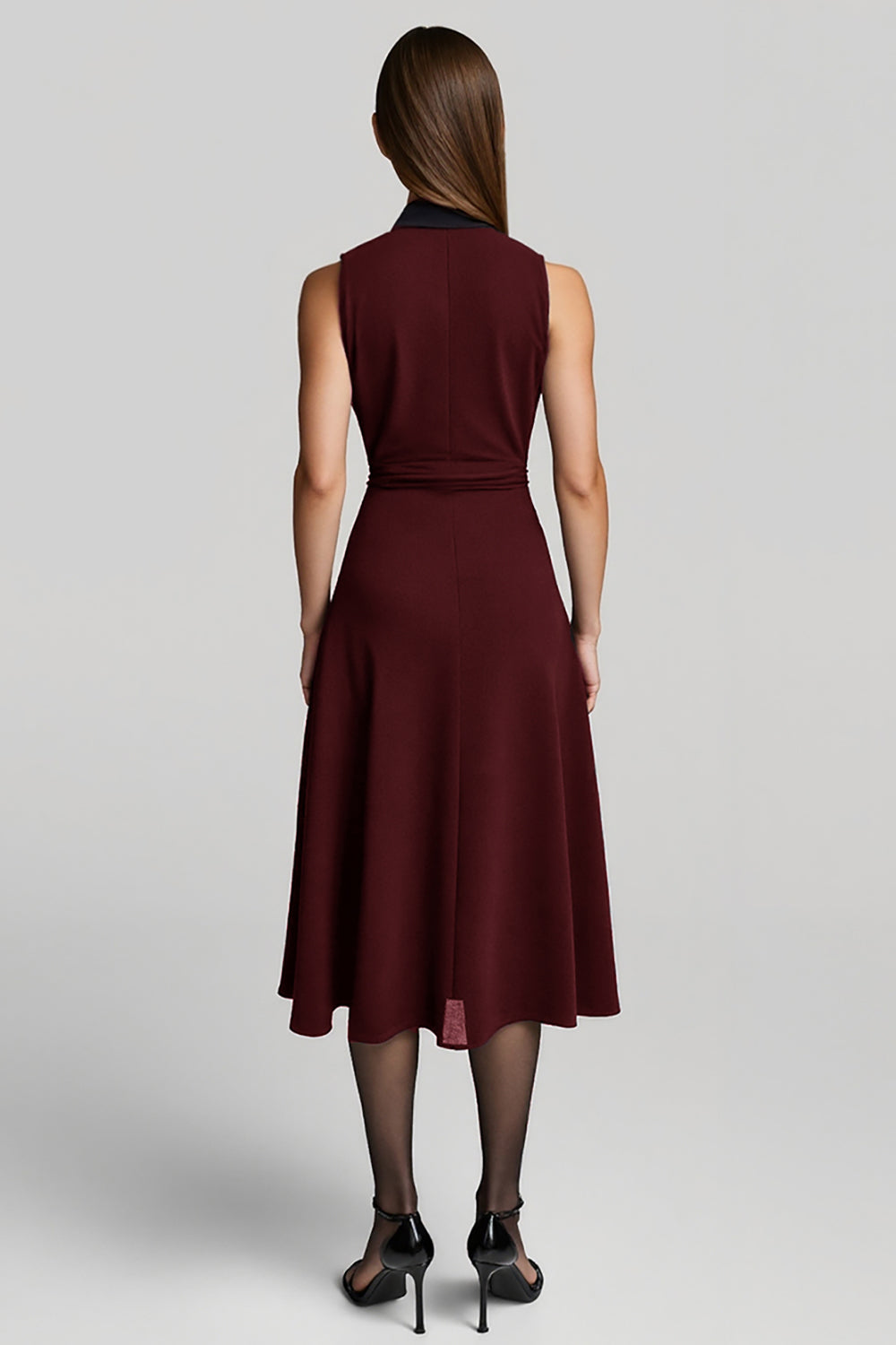 Burgundy Halter A Line Midi Work Dress with Sash