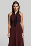 Burgundy Halter A Line Midi Work Dress with Sash