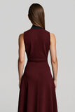 Burgundy Halter A Line Midi Work Dress with Sash