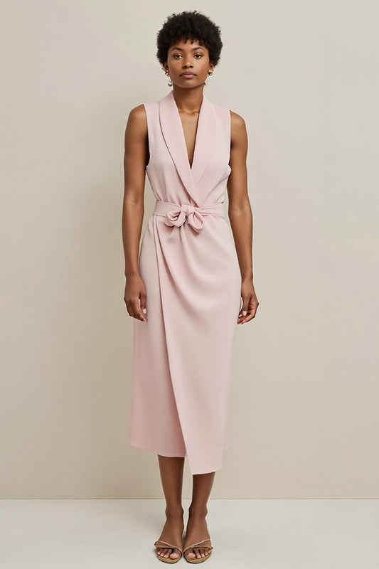 Pink Pencil Shawl Lapel Maxi Work Dress with Sash