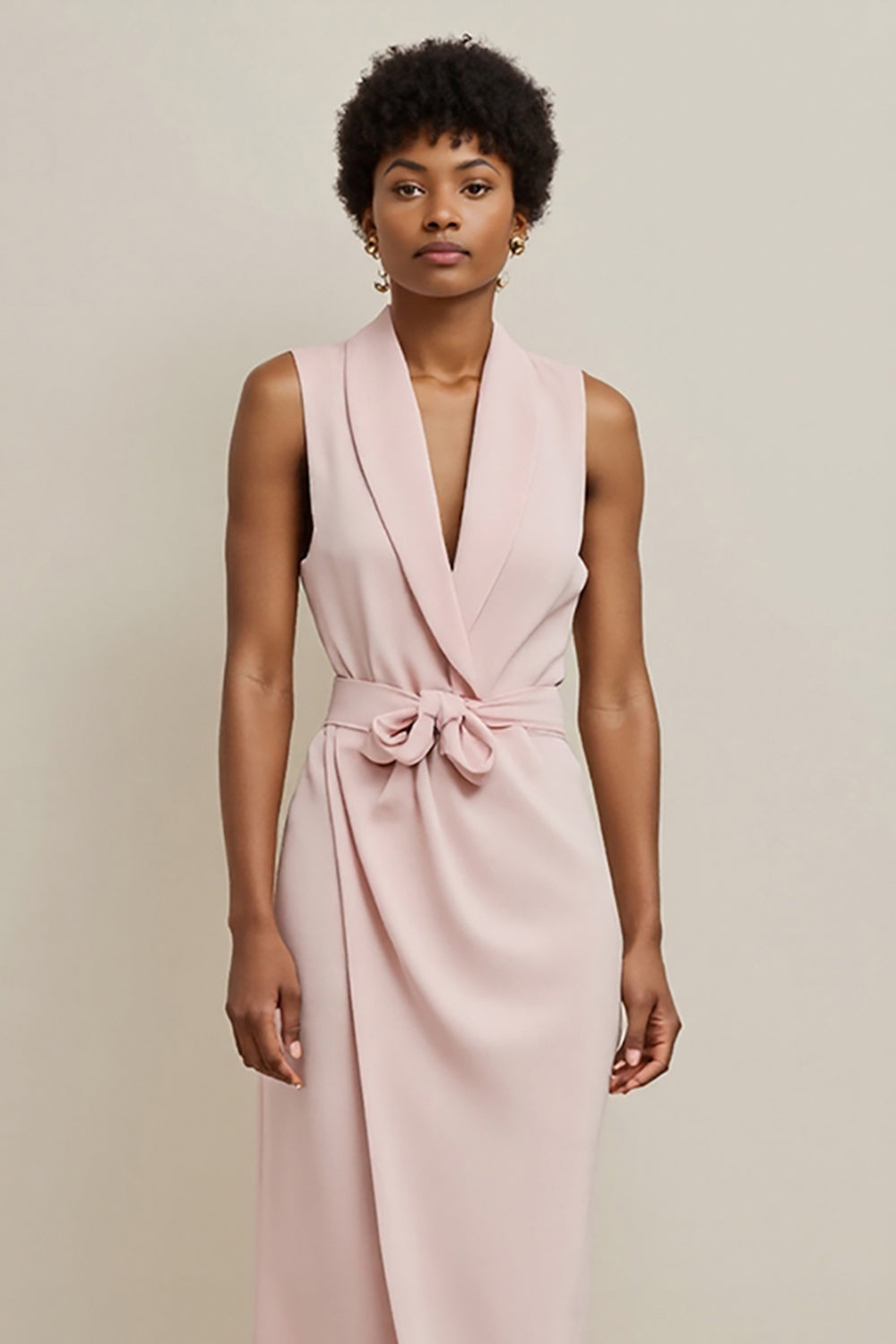 Pink Pencil Shawl Lapel Maxi Work Dress with Sash