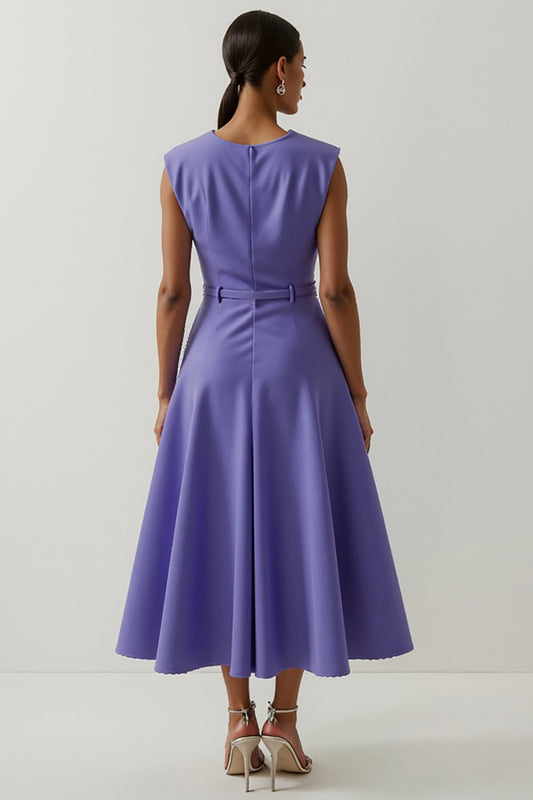 Purple A Line Floral Satin Maxi Work Dress with Belt