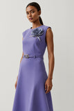 Purple A Line Floral Satin Maxi Work Dress with Belt