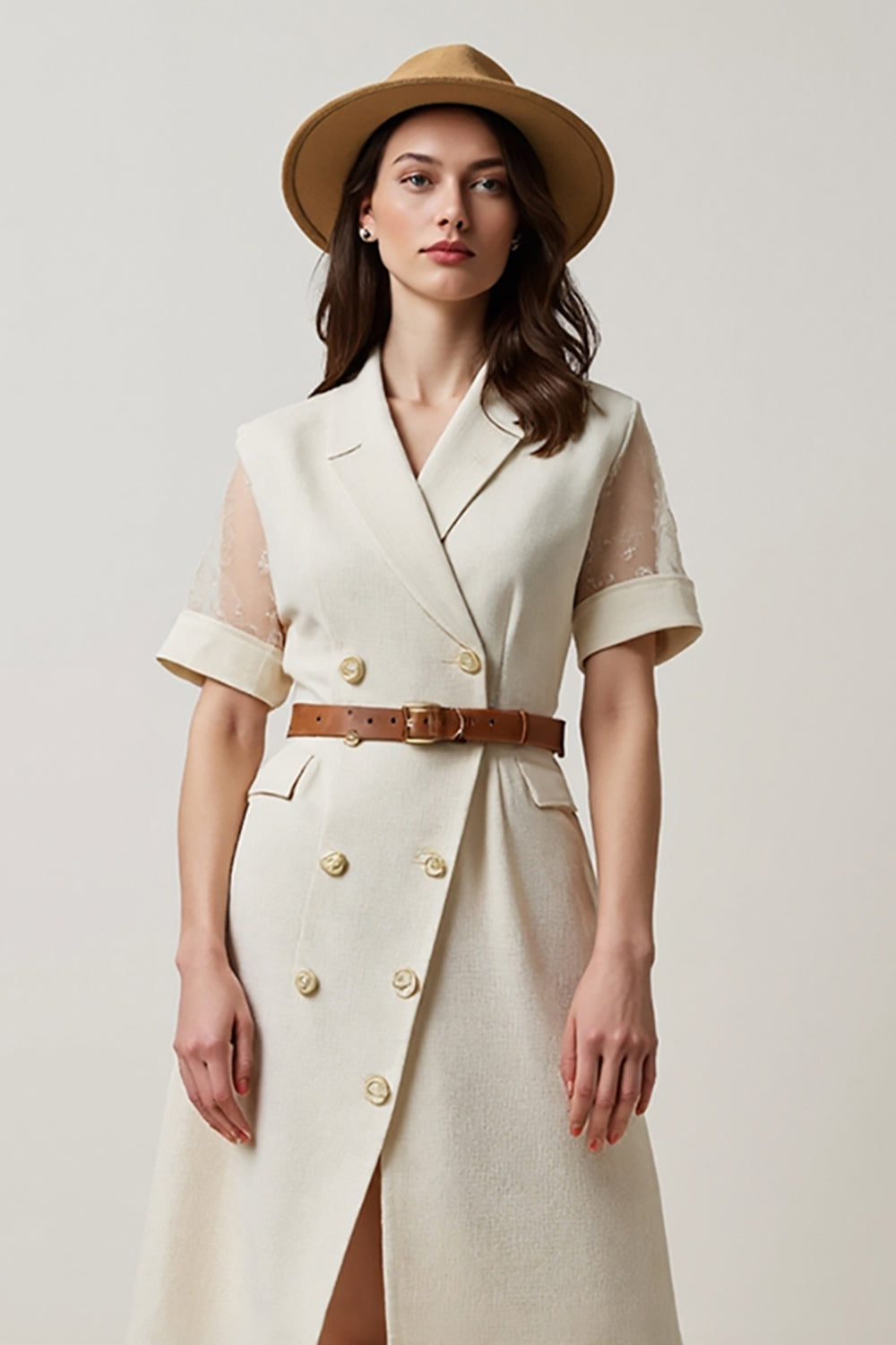 Apricot A Line Short Sleeves Midi Blazer Dress with Belt