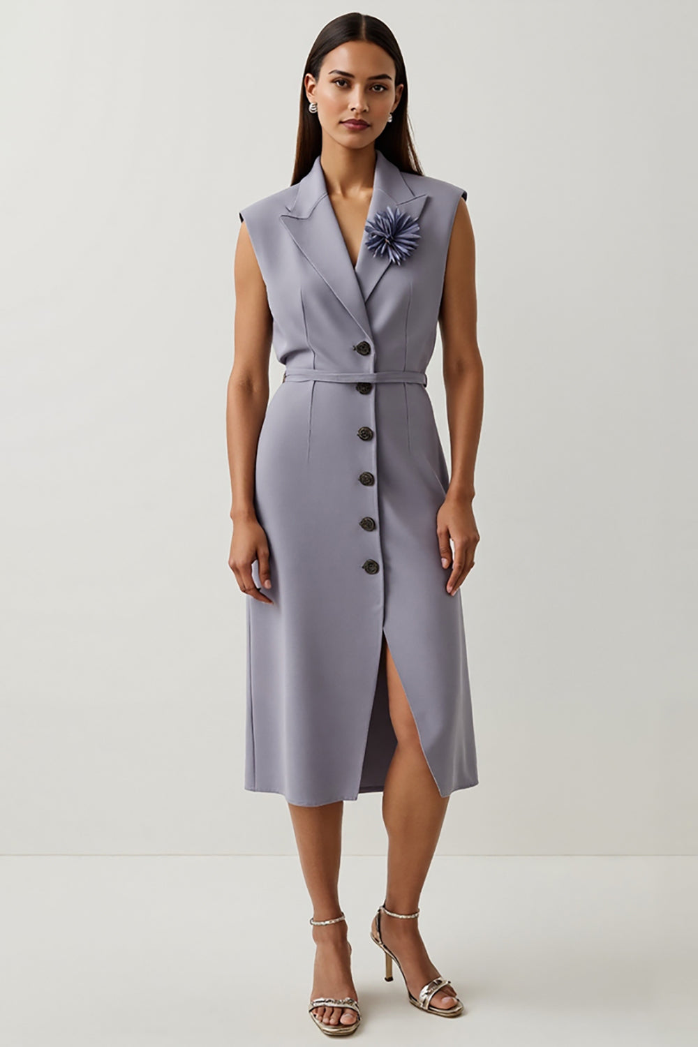 Grey Purple Floral A Line Peak Lapel Satin Midi Blazer Dress