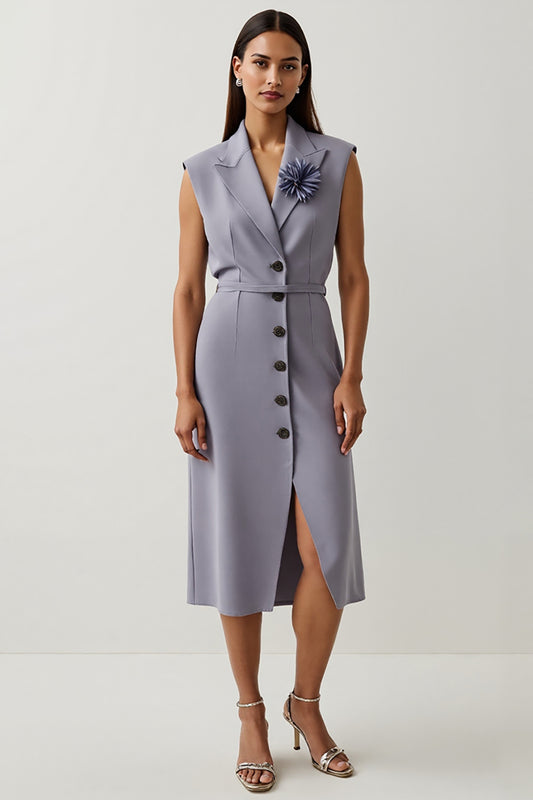 Grey Purple Floral A Line Peak Lapel Satin Midi Blazer Dress
