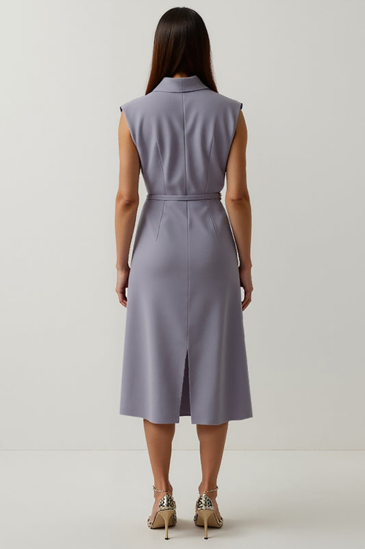 Grey Purple Floral A Line Peak Lapel Satin Midi Blazer Dress