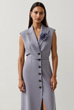 Grey Purple Floral A Line Peak Lapel Satin Midi Blazer Dress