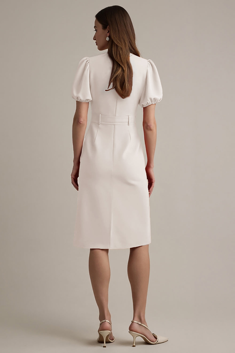 Ivory Notched Lapel Short Sleeves A Line Midi Blazer Dress with Belt