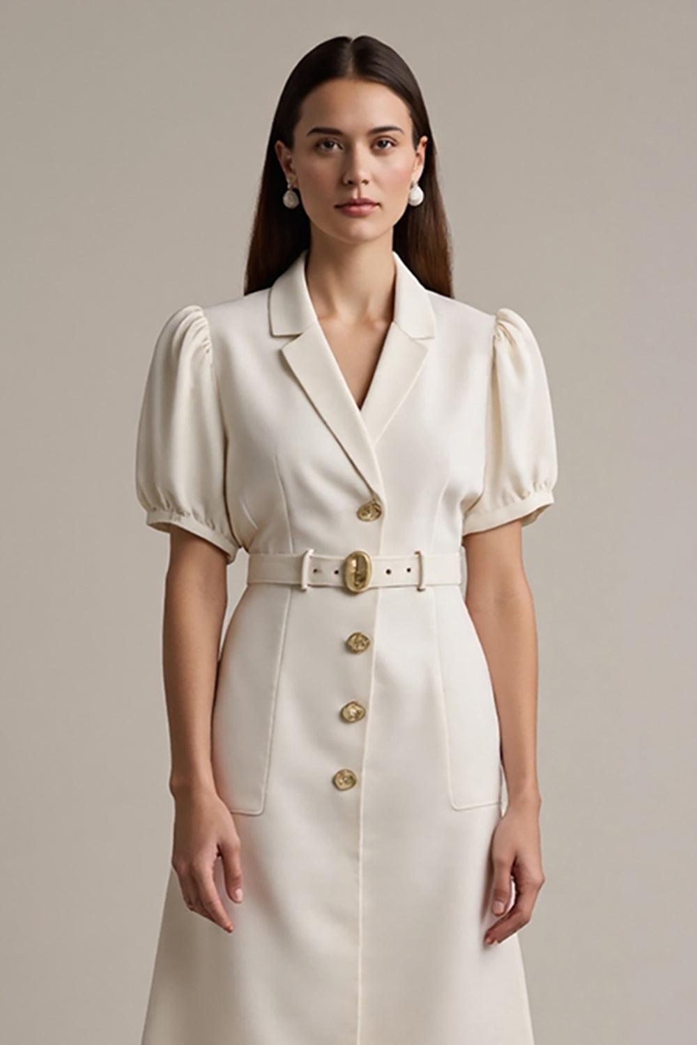 Ivory Notched Lapel Short Sleeves A Line Midi Blazer Dress with Belt