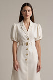 Ivory Notched Lapel Short Sleeves A Line Midi Blazer Dress with Belt