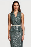 Sparkly Grey Green Notched Lapel Sequin Midi Holiday Party Dress