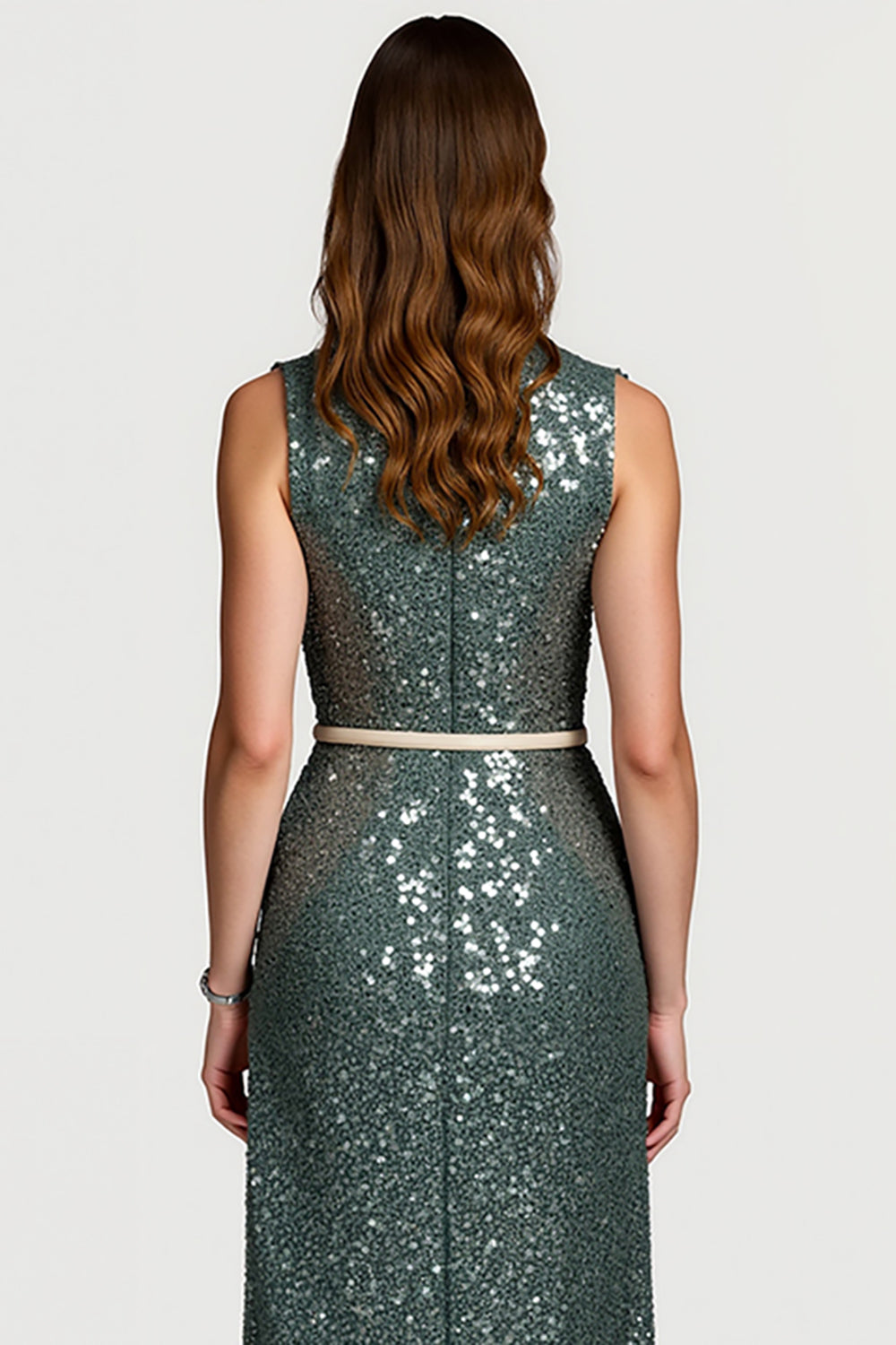 Sparkly Grey Green Notched Lapel Sequin Midi Holiday Party Dress
